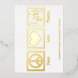 Peace Love Theatre Company Custom Christmas Gold Foil Holiday Card<br><div class="desc">Beautiful theatre or drama club gold foil holiday cards with a pretty peace sign,  heart,  and the happy and sad drama masks of acting. Peace Love Theatre Christmas card.</div>