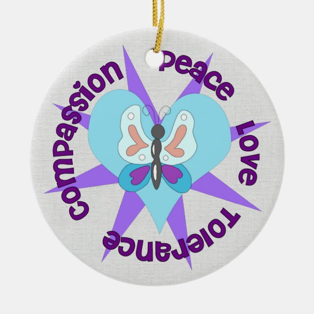 Peace Love Tolerance Compassion Ceramic Tree Decoration (Front)