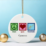 Peace Love Trombone Player Custom Christmas Ceramic Ornament<br><div class="desc">Custom Peace Love Trombone Christmas ornament for a member of the marching band who loves playing a brass instrument. A cute peace sign,  heart,  and trombone on a personalised gift.</div>