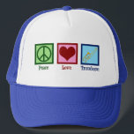 Peace Love Trombone Player Trucker Hat<br><div class="desc">Peace Love Trombone hat for a member of the marching band who loves playing a brass instrument. A cute peace sign,  heart,  and trombone.</div>