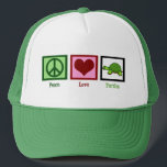 Peace Love Turtles Trucker Hat<br><div class="desc">A green peace sign,  a heart,  and an adorable turtle.</div>