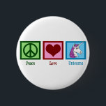 Peace Love Unicorns 6 Cm Round Badge<br><div class="desc">A green peace sign,  a red heart,  and a pretty unicorn with a cute purple mane. I love fantasy animals and unicorns are my favourite. Add this beautiful unicorn gift to your collection.</div>