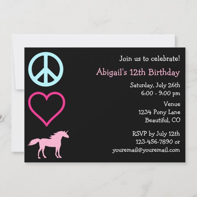 Peace Love Unicorns Girl's Birthday Invitation (Front)