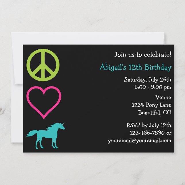 Peace Love Unicorns Girl's Birthday Invitation (Front)