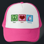 Peace Love Unicorns Trucker Hat<br><div class="desc">A green peace sign,  a red heart,  and a pretty unicorn with a cute purple mane. I love fantasy animals and unicorns are my favourite. Add this beautiful pink unicorn hat to your collection.</div>