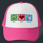 Peace Love Unicorns Trucker Hat<br><div class="desc">A green peace sign,  a red heart,  and a pretty unicorn with a cute purple mane. I love fantasy animals and unicorns are my favourite. Add this beautiful pink unicorn hat to your collection.</div>