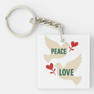 Peace & Love Vintage Dove Art with Heart Motif Key Ring
