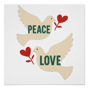 Peace & Love Vintage Dove Art with Heart Motif Poster