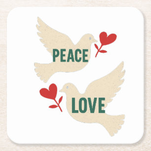 Peace & Love Vintage Dove Art with Heart Motif  Square Paper Coaster