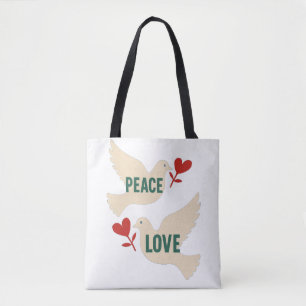 Peace & Love Vintage Dove Art with Heart Motif Tote Bag