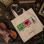 Peace Love Violin Cute Personalised Violinist Tote Bag<br><div class="desc">Cute peace sign,  heart and violin on a pretty personalised tote bag for a violinist. Peace Love Violin.</div>