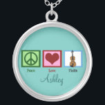 Peace Love Violins Custom Teal Silver Plated Necklace<br><div class="desc">A peace sign,  heart,  and a violin. A cute personalised jewellery gift for a violinist.</div>