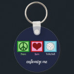 Peace Love Volleyball Player Cute Custom Key Ring<br><div class="desc">A peace sign,  heart,  and a pretty volleyball on a blue square. I love volleyball,  beach,  indoor,  you name it! A cute,  personalized keychain gift for a volleyball team or coach.</div>