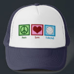 Peace Love Volleyball Trucker Hat<br><div class="desc">A peace sign,  heart,  and a pretty volleyball on a blue square. I love volleyball,  beach,  indoor,  you name it!</div>