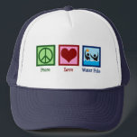 Peace Love Water Polo Trucker Hat<br><div class="desc">Peace Love Water Polo. Cute water polo team player gift for a cool sports coach.</div>