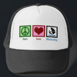 Peace Love Windsurfing Trucker Hat<br><div class="desc">Peace sign,  heart,  and a person windsurfing on the ocean blue.</div>