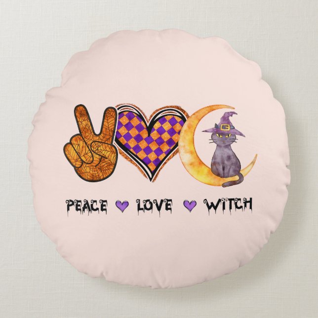 Peace Love Witch – Halloween Design Round Cushion (Front)