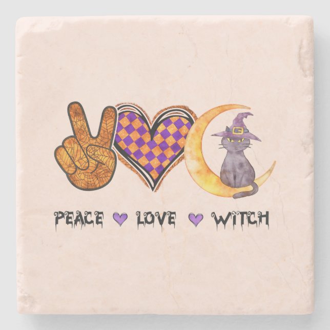 Peace Love Witch – Halloween Design Stone Coaster (Front)