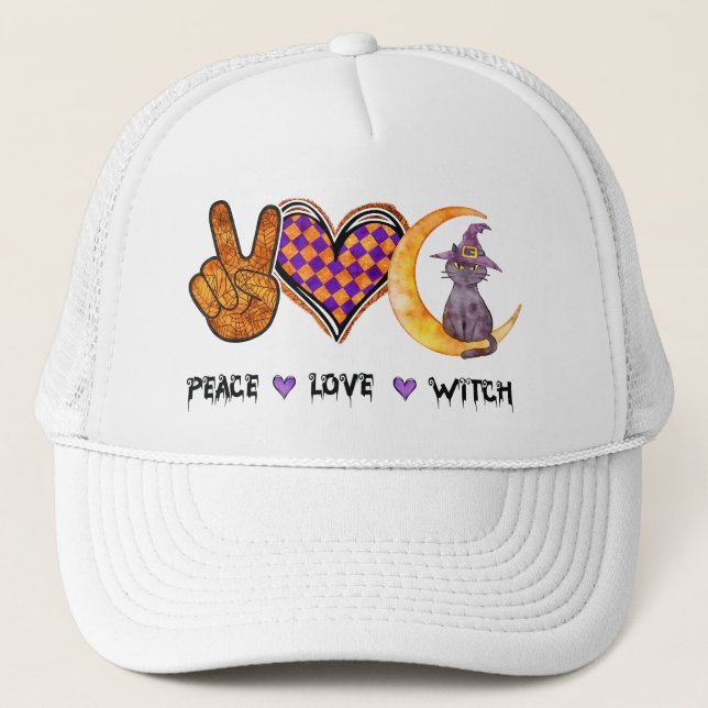 Peace Love Witch – Halloween Design Trucker Hat (Front)