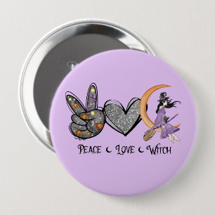 Peace, Love, Witch – Peace Sign, Heart & Witch 10 Cm Round Badge