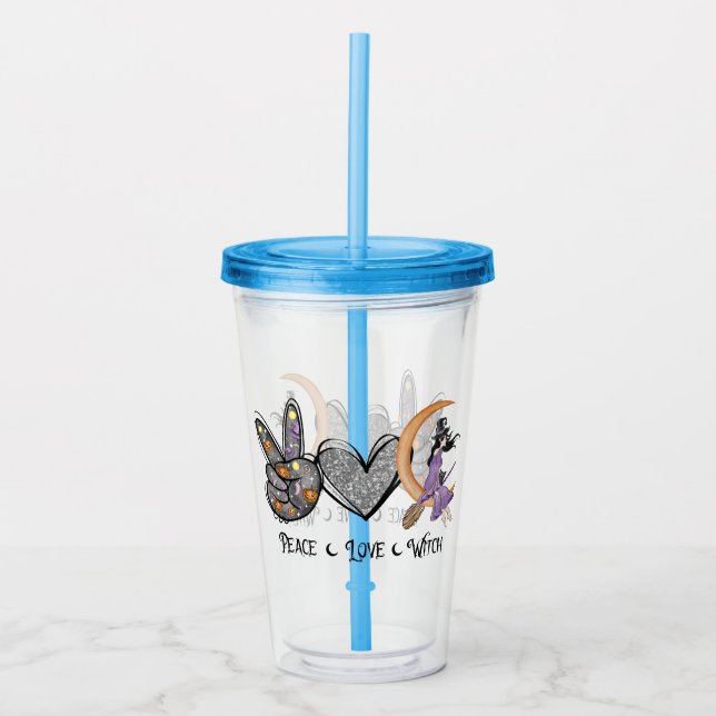 Peace, Love, Witch – Peace Sign, Heart & Witch Acrylic Tumbler (Front)