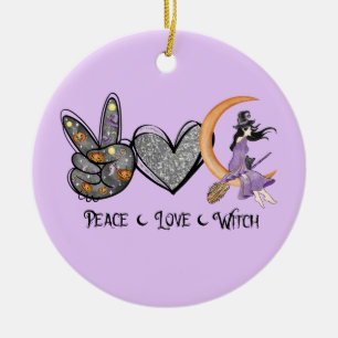 Peace, Love, Witch – Peace Sign, Heart & Witch Ceramic Ornament