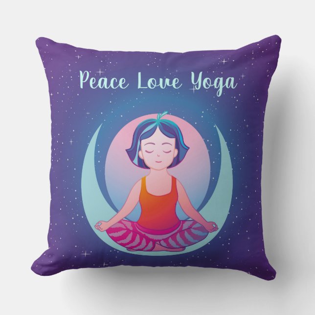Peace Love Yoga girl meditation in space Cushion (Front)