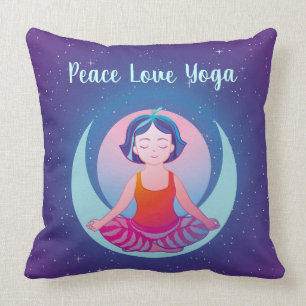 Peace Love Yoga girl meditation in space Cushion