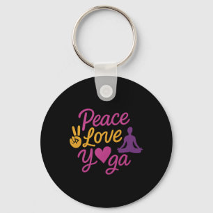 Peace Love Yoga Script Graphic Magenta Gold Key Ring
