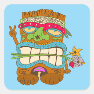 Peace Lover Tiki, Floral Hippie, Funny Blue Square Sticker