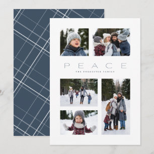 Peace modern minimal 5 photo blue Christmas Holiday Card