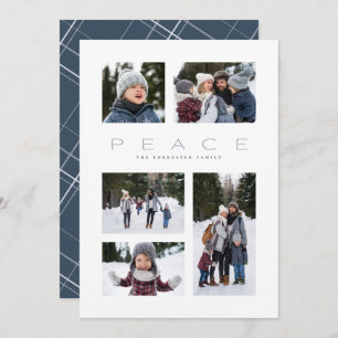 Peace modern minimal 5 photo blue Christmas Holiday Card
