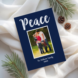 Peace Navy Blue Brushed Script Photo Holiday Card