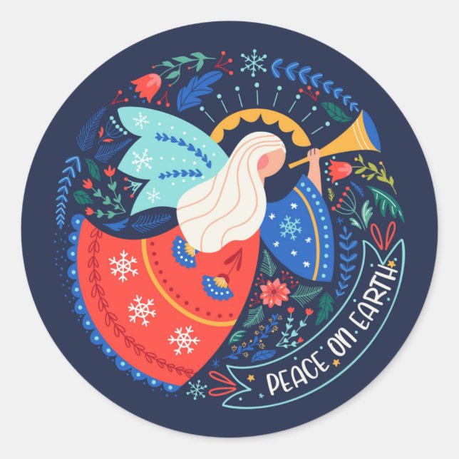 Peace on Earth Angel Design Classic Round Sticker (Front)