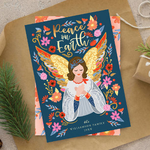 Peace on Earth Angel Floral Folk Art Deep Blue Holiday Card