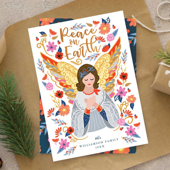 Peace on Earth Angel Floral Folk Art White Holiday Card (Peace on Earth Angel Floral Folk Art White Holiday Card)