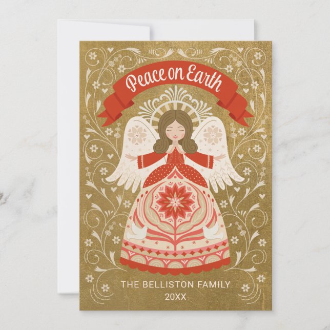 Peace on Earth Angel Folk Art Photo Christmas Card (Front)