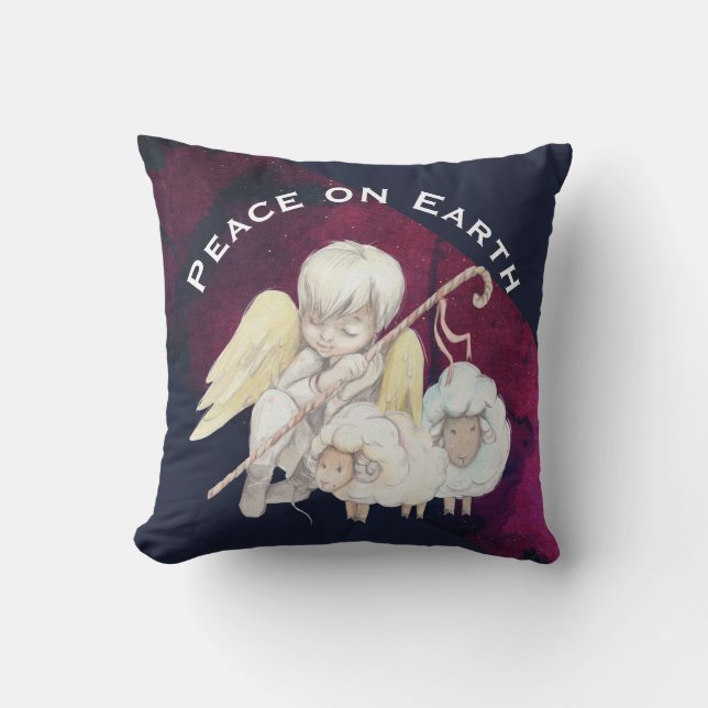 Peace on Earth Angel Shepherd & Lambs Cushion (Front)