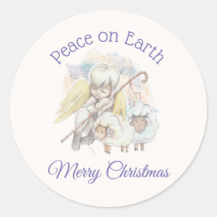 Peace on Earth Angel Shepherd with Lambs Christmas Classic Round Sticker