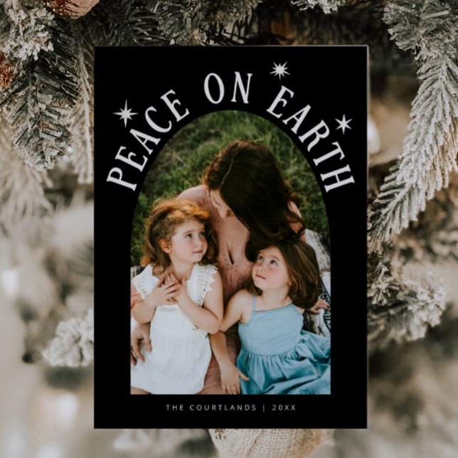 Peace On Earth Arch Photo Black Christmas Holiday Card (Creator Uploaded)
