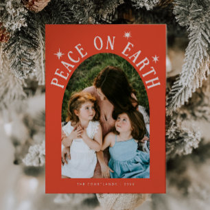 Peace On Earth Arch Photo Retro Red Christmas Holiday Card