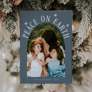 Peace On Earth Arch Photo Slate Blue Christmas Holiday Card