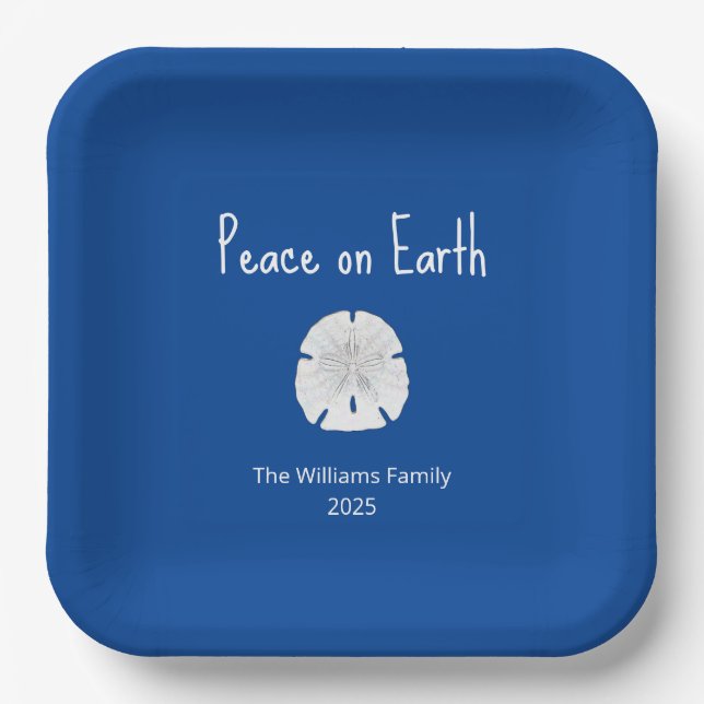 Peace on Earth Beach Sand Dollar Blue Christmas Paper Plate (Front)
