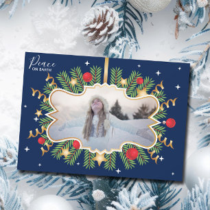 Peace on Earth Beautiful Blue Photo Wreath Modern Holiday Card