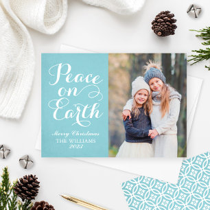 Peace on Earth Beautiful Script Aqua Photo Holiday Card