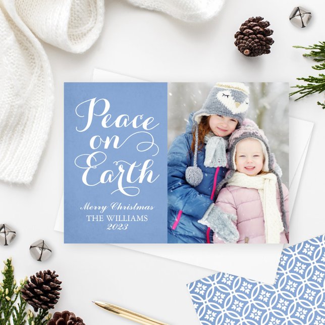 Peace on Earth Beautiful Script Blue Photo Holiday Card (Creator Uploaded)