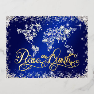 Peace on Earth Blue and Diamonds  Foil Holiday Postcard