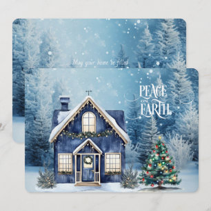 Peace on Earth Blue Christmas Winter Scene House