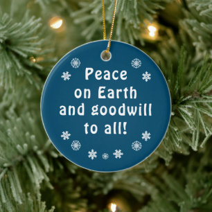 Peace on Earth Blue Snowflake Ceramic Ornament