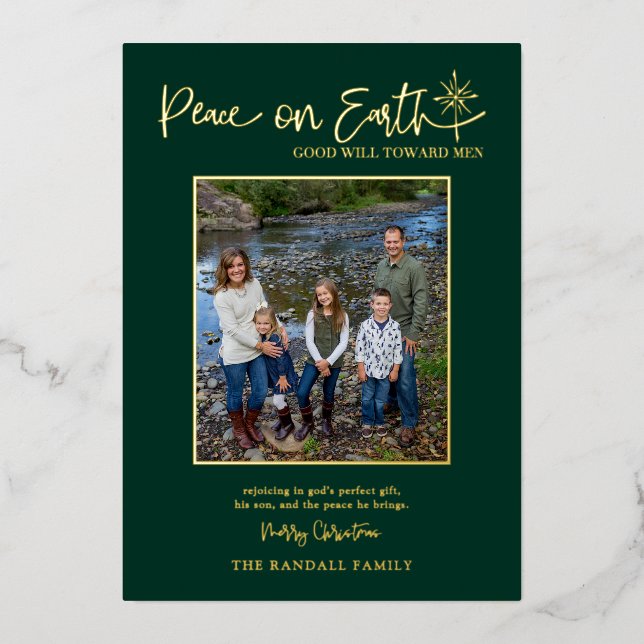 Peace on Earth Burgundy Photo Christmas Elegant Foil Holiday Card (Front)